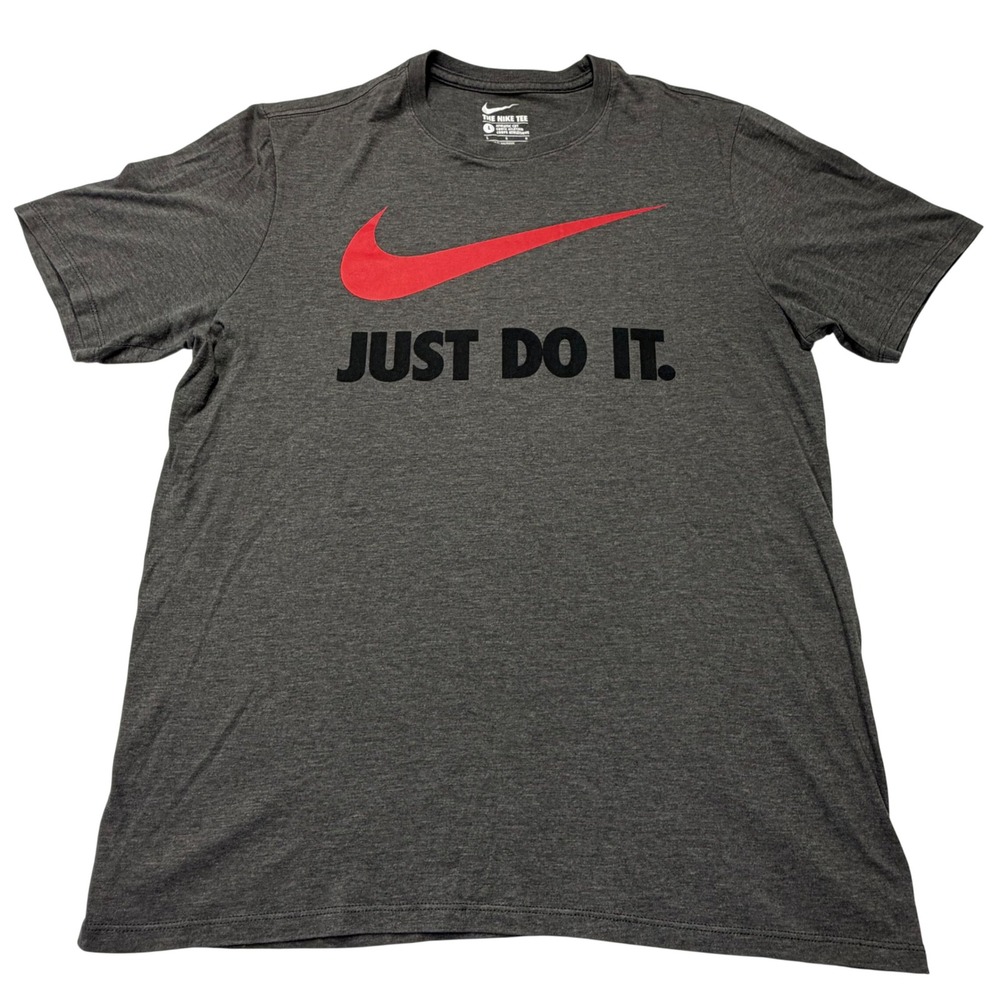 Nike Mens Large Just‎ Do It Graphic Tee Charcoal Gray Red Swoosh Streetwear
